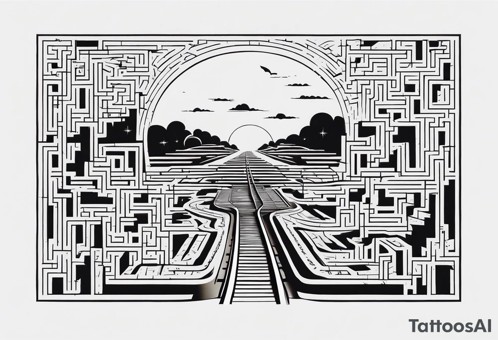 Maze with a train track in the middle. Sky cracking with moon of time tattoo idea