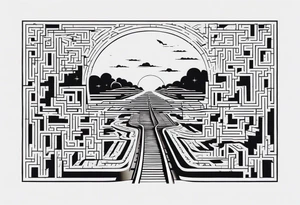 Maze with a train track in the middle. Sky cracking with moon of time tattoo idea
