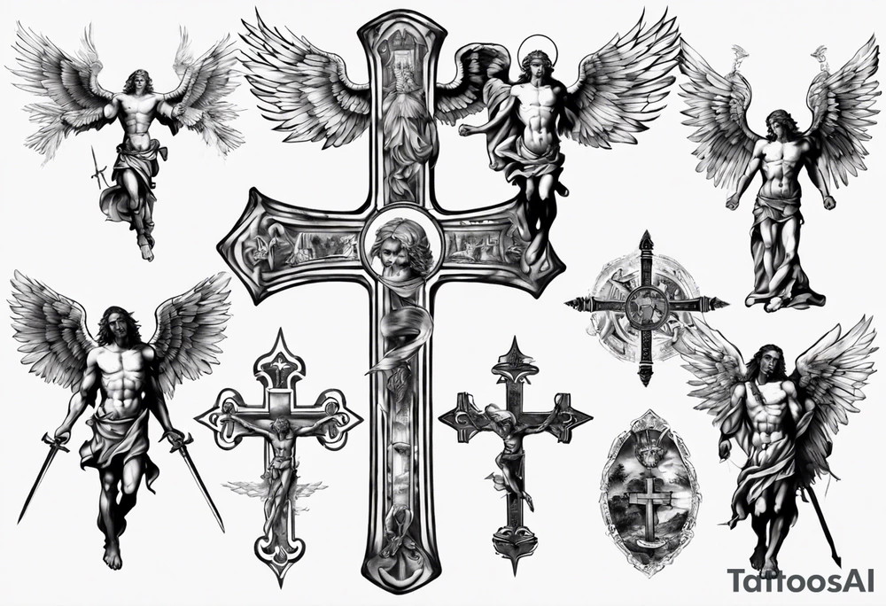 Heiliger St.Michael mit Kreuz in der Hand und ober ihm zwei weisse Tauben tattoo idea