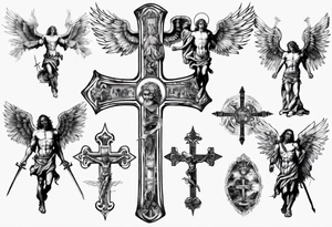 Heiliger St.Michael mit Kreuz in der Hand und ober ihm zwei weisse Tauben tattoo idea
