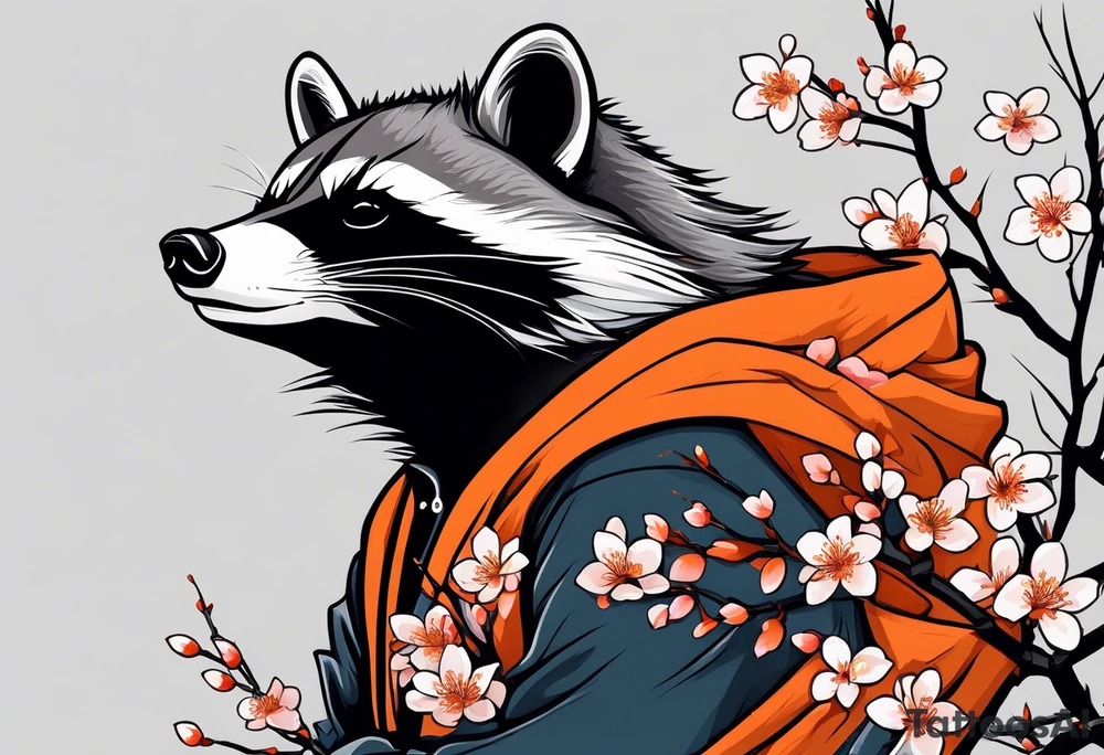 Raccoon wearing a white Superman logo on a black hoodie and orange Japanese cherry blossoms tattoo idea