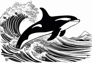 transient orca, Japanese realism, simplistic, shaded high contrast, flowing, waves and kelp highlights tattoo idea