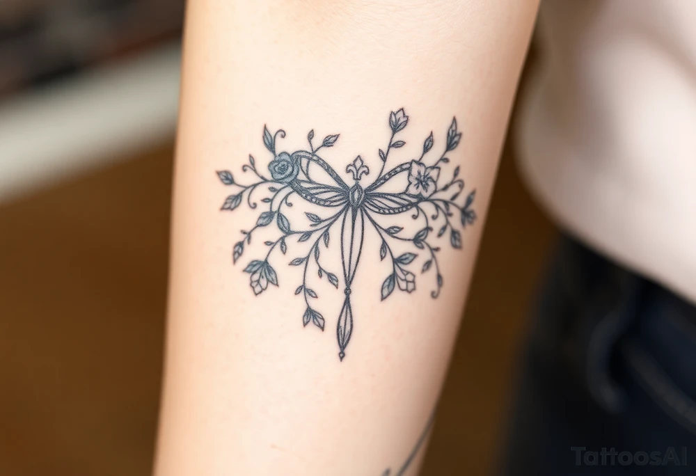 An enchanted bow made of intertwining vines and flowers, with Sagittarius among the leaves tattoo idea