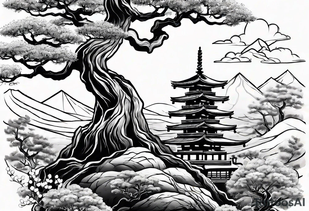 samurai and bonsai tree in japan tattoo idea