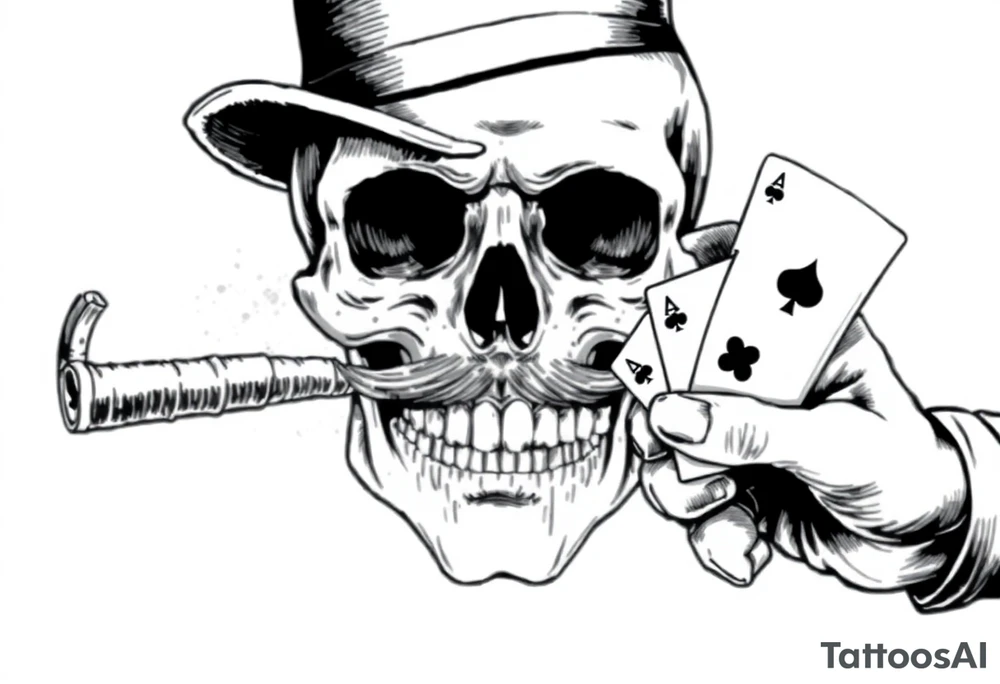 a skull with mustache, a big cigar in his mouth,top-hat on his head and playing cards in a hand. tattoo idea