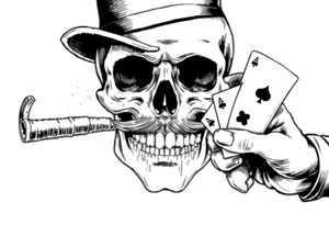 a skull with mustache, a big cigar in his mouth,top-hat on his head and playing cards in a hand. tattoo idea