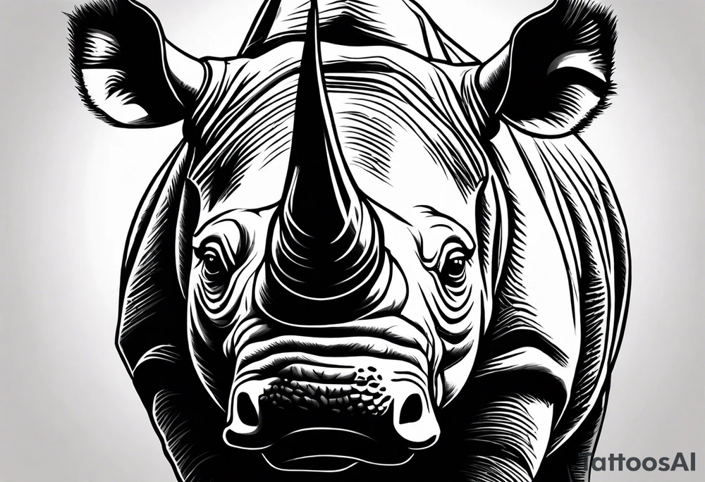 A front-facing rhino head with a sharp elongated tusk that appears angry and fierce. Ears pointed straight up and forward a bit. Eyes that pierce your soul. tattoo idea