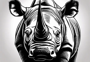 A front-facing rhino head with a sharp elongated tusk that appears angry and fierce. Ears pointed straight up and forward a bit. Eyes that pierce your soul. tattoo idea
