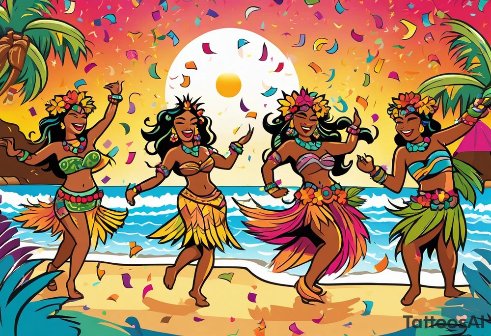 dancing tiki gods dance party on the beach with a sunset in the center of the image with confetti and music notes and sexy hula girls that are blonde and burnette tattoo idea
