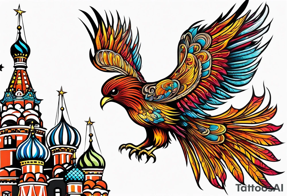 russian firebird in-flight with fancy tail and small onion cap monastery towers in background tattoo idea