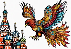 russian firebird in-flight with fancy tail and small onion cap monastery towers in background tattoo idea
