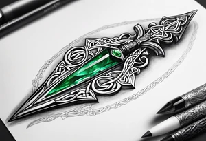 A Celtic athame dagger with the hilt turned upward and an emerald gemstone on the hilt not on the blade tattoo idea