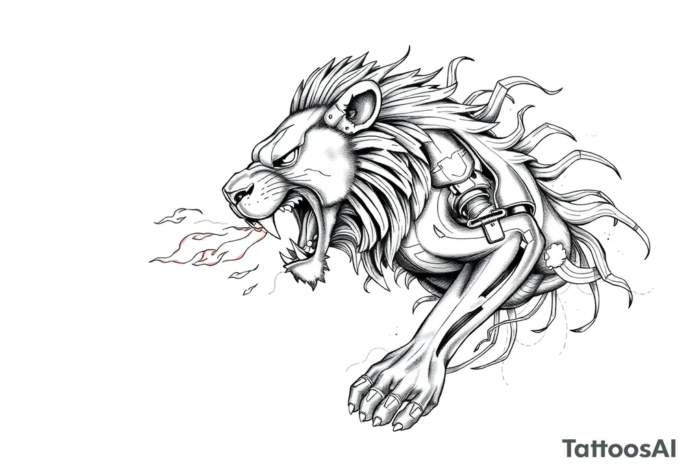 Respect comes from Admiration and Fear with a mechanical lion breathing fire tattoo idea