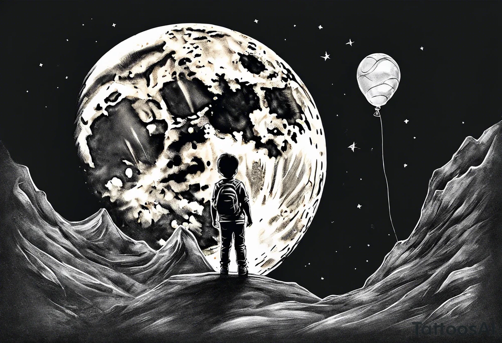 Child standing on the moon with his back to you. Holding a balloon on 1 site and holding air the other side tattoo idea