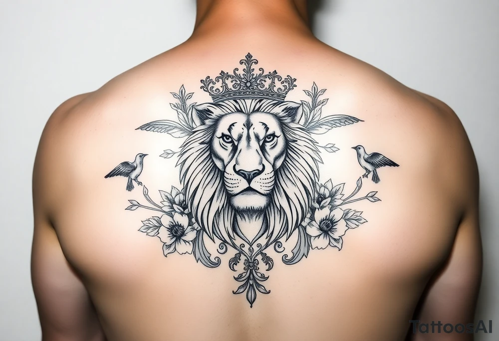 powerful majestic lion with a crown, surrounded by floral ornaments and birds tattoo idea