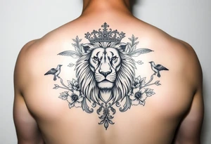 powerful majestic lion with a crown, surrounded by floral ornaments and birds tattoo idea