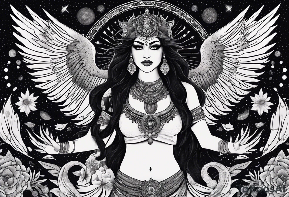 black kali, goddess pirate, alien, angel, pachamama, valkrye, warrior, flying, skull, lotus azul, wing, eagle, zenza resonance, stars, 5D, anahata chakra, death, durga, riding on a tiger, flying lady, kundalini, chest tatoo, samuri, rebel,serpent tattoo idea