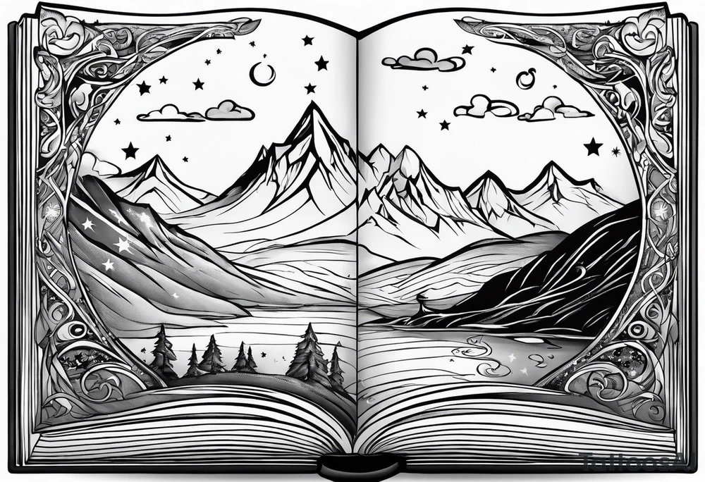 Open book with stars and mountains in a cartoon minimalistic design. Incorporate 'to whatever end' in elvish from lord of the rings tattoo idea