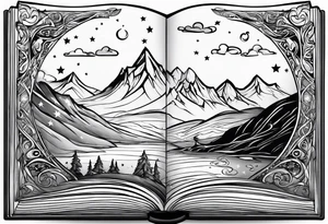 Open book with stars and mountains in a cartoon minimalistic design. Incorporate 'to whatever end' in elvish from lord of the rings tattoo idea