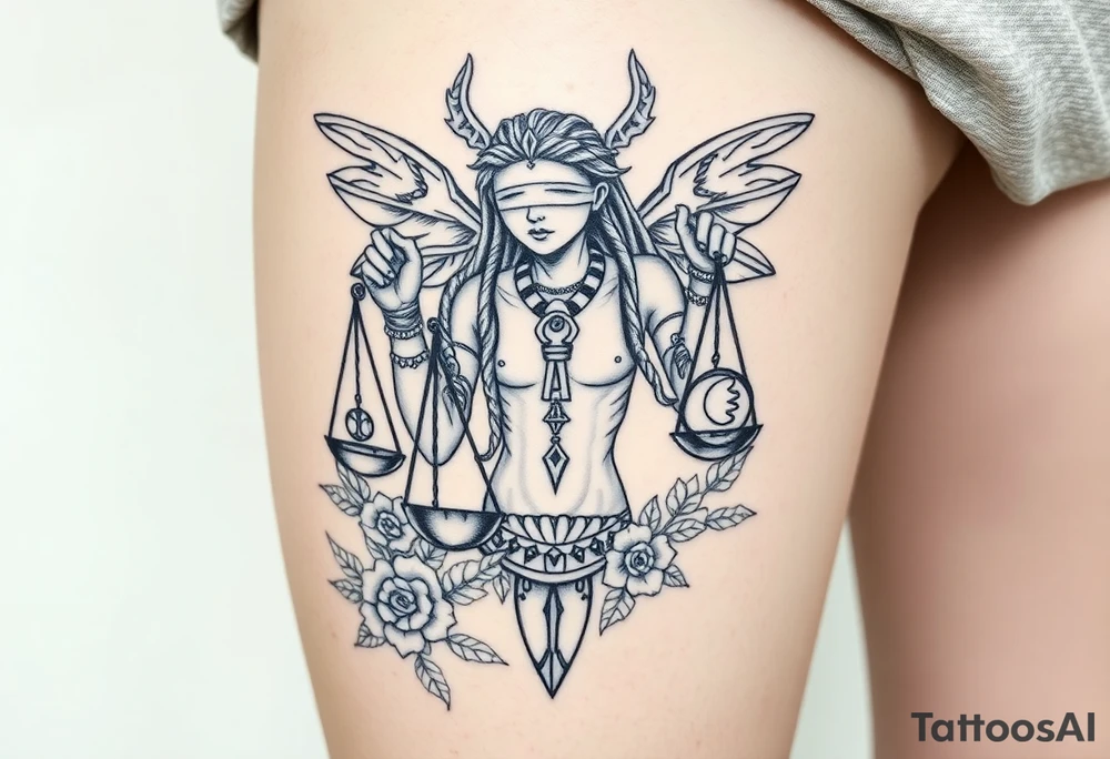 Sylph with dreads wearing blind fold and ankh pendant with tattoos holding weighing scales with the sun and moon rose vines surrounding and Anubis guarding tattoo idea