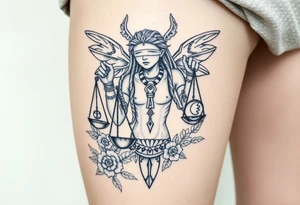 Sylph with dreads wearing blind fold and ankh pendant with tattoos holding weighing scales with the sun and moon rose vines surrounding and Anubis guarding tattoo idea