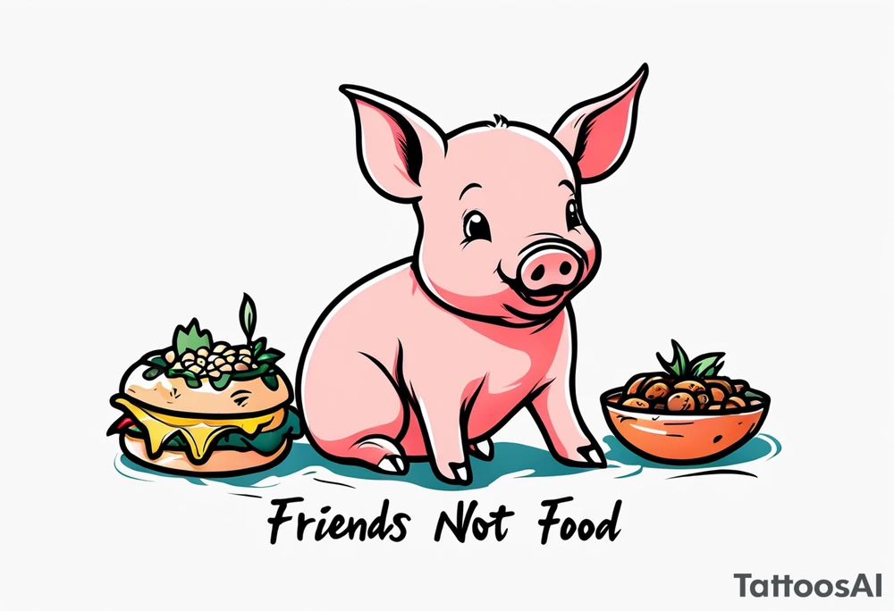 cute piglet with text 'friends not food' tattoo idea