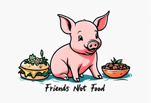 cute piglet with text 'friends not food' tattoo idea