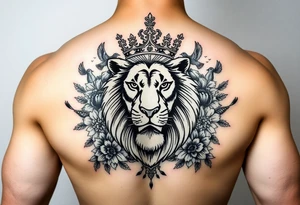 powerful majestic lion with a crown, surrounded by floral ornaments and birds tattoo idea