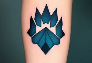 A geometric-style paw composed of sharp angular lines in shades of black and dark teal, creating a modern, edgy look with geometric heart tattoo idea