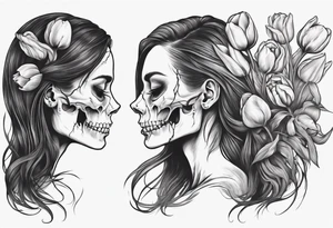 sideview of smiling female skull with long hair, one decayed tulip, one perfect tulip and one tulip bud tattoo idea