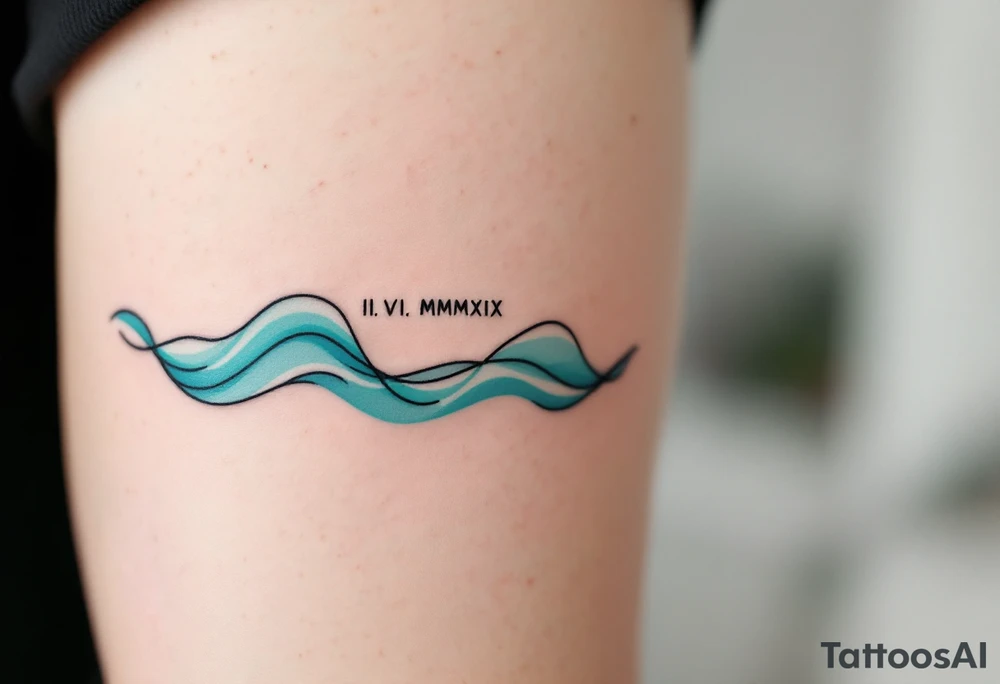 Fine-line II. VI. MMXIX in dark ink on the inner bicep, with stylized waves in desaturated teal flowing beneath. tattoo idea