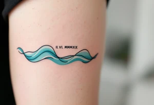 Fine-line II. VI. MMXIX in dark ink on the inner bicep, with stylized waves in desaturated teal flowing beneath. tattoo idea