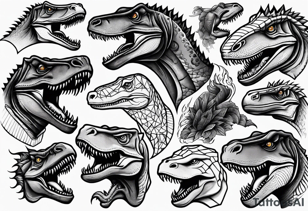 Variety of trex faces traditional style flash sheet tattoo idea