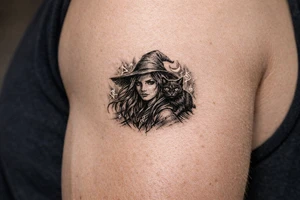 Young witch with flowing hair, a black cat perched on her shoulder, surrounded by glowing magical runes. tattoo idea