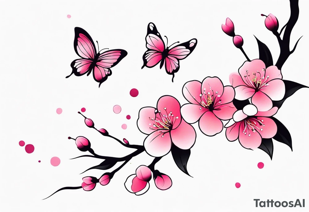 Vibrant, pink plum blossom flowers with butterflies tattoo idea