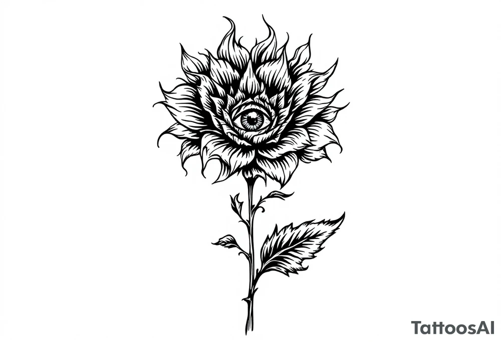 A long flower with stalk and leaves and with the centre being an eye and around the petals having black sunrays tattoo idea