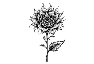 A long flower with stalk and leaves and with the centre being an eye and around the petals having black sunrays tattoo idea