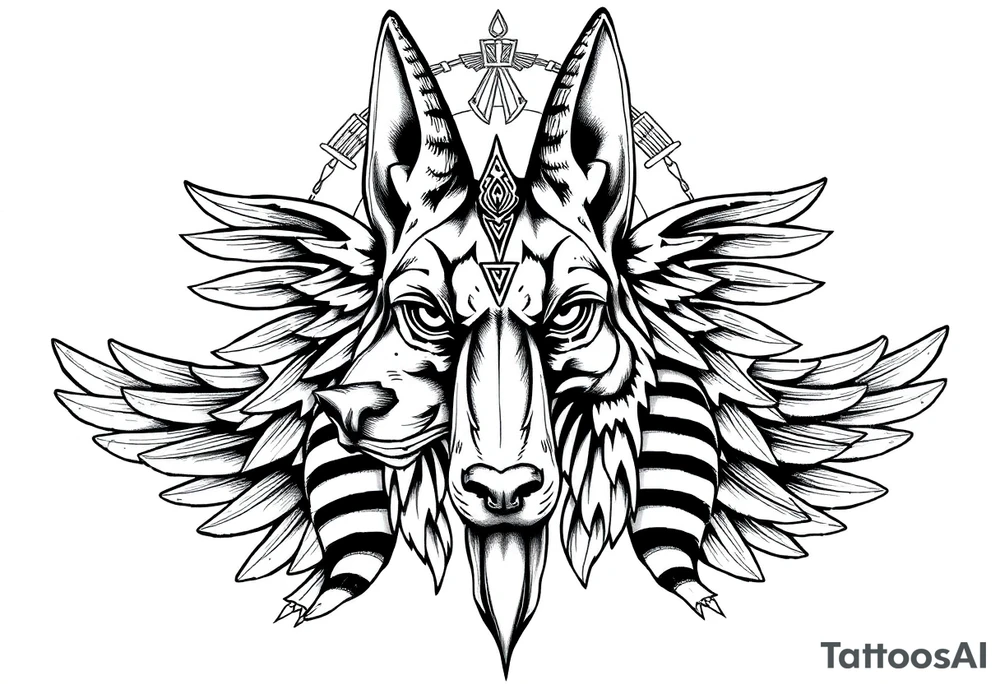 Egyptian Anubis god face muscle in Egypt style dog face surrounded Egyptian symbols based on elements tattoo idea