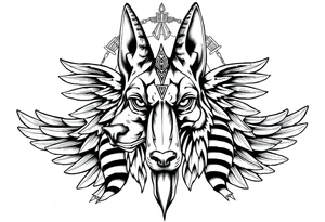 Egyptian Anubis god face muscle in Egypt style dog face surrounded Egyptian symbols based on elements tattoo idea