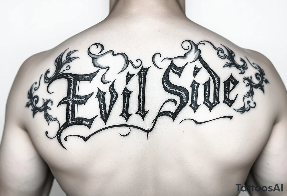 powerful bold cover up saying Evil Side black and with shading and smoke around it gangsta writing old english tattoo idea