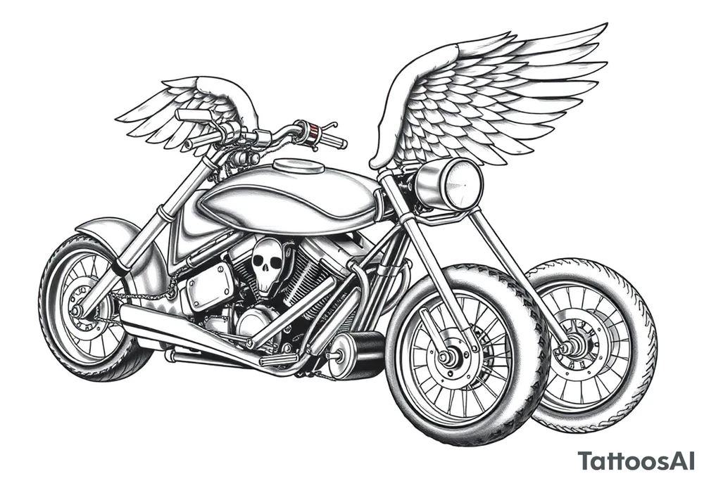 Low rider grey motorcycle, big muffler pipes with flames, angel wings, driving away, no person tattoo idea