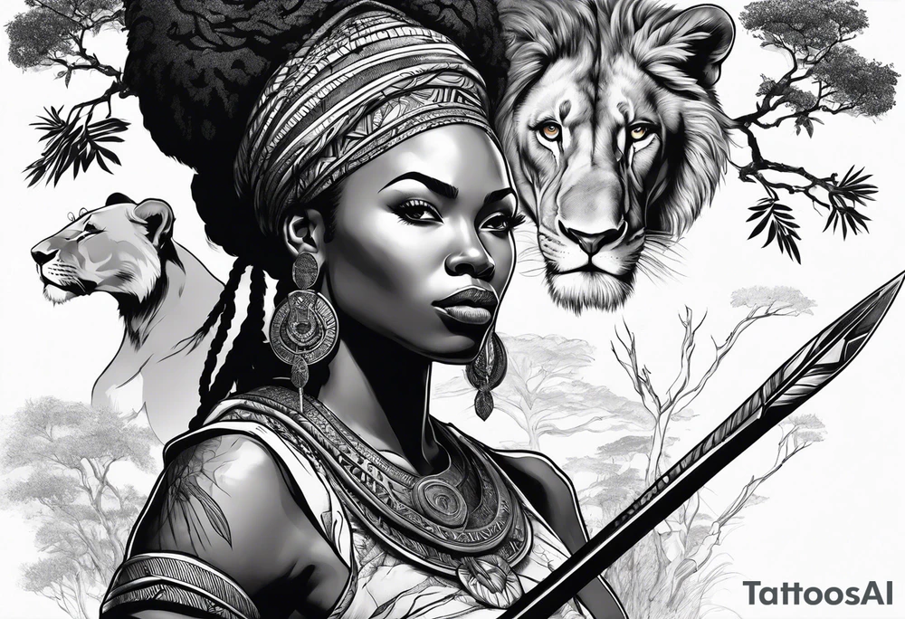African woman warrior with spear in her hand with Lion in the tree around her tattoo idea