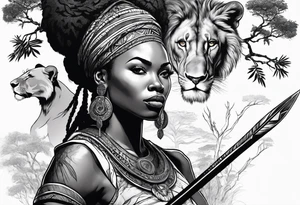 African woman warrior with spear in her hand with Lion in the tree around her tattoo idea
