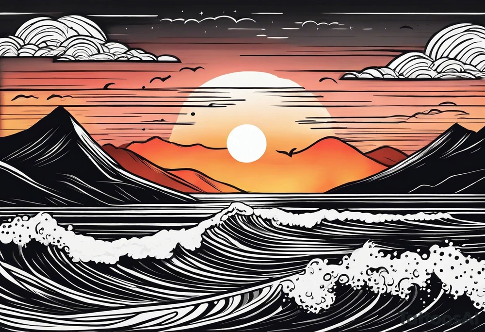 hand drawn minimal sunset. Only waves and sunset in the image. tattoo idea