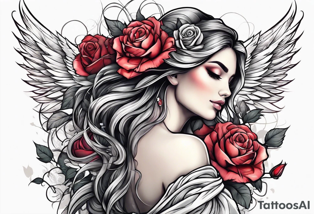 Beautiful woman angle with wings standing surrounded by roses tattoo idea