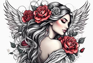 Beautiful woman angle with wings standing surrounded by roses tattoo idea