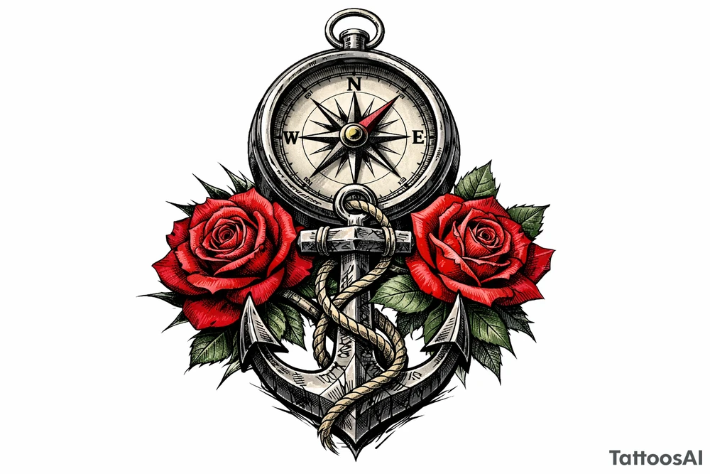 a compass under it an anchor and roses. tattoo idea