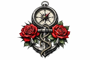a compass under it an anchor and roses. tattoo idea