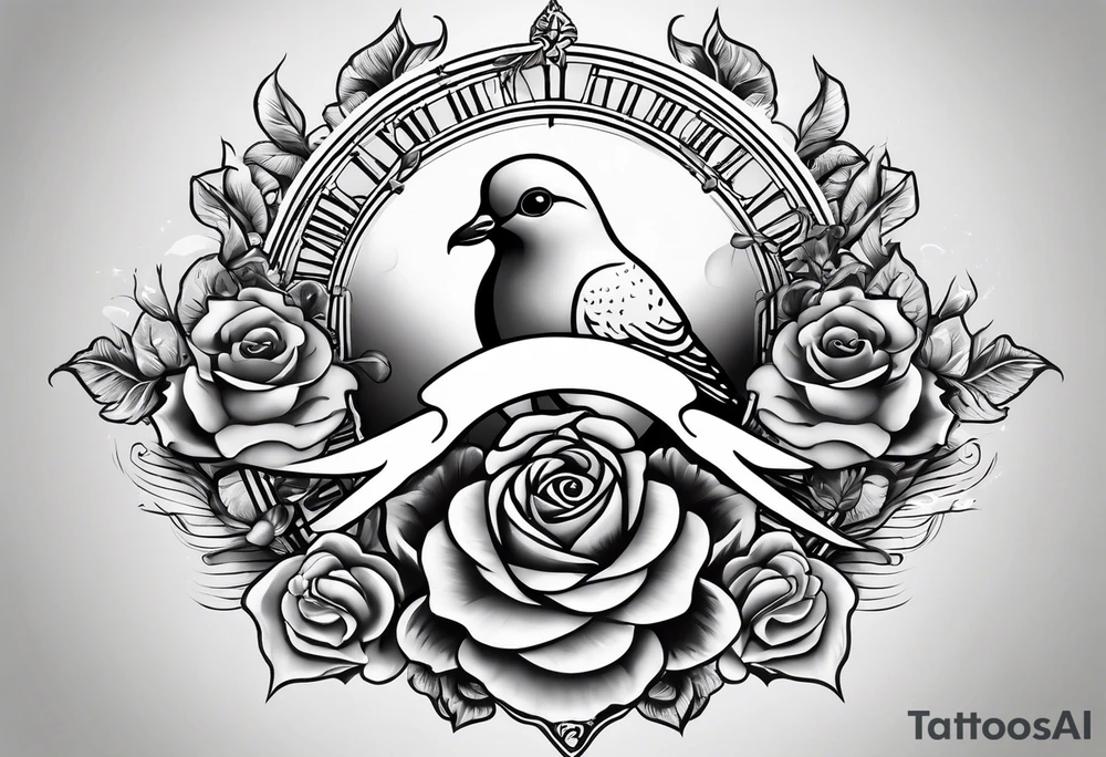 in the background at the top, a dove with rays of light;
in the central part, a skull and an hourglass;
at the bottom, a rose tattoo idea