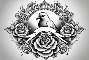 in the background at the top, a dove with rays of light;
in the central part, a skull and an hourglass;
at the bottom, a rose tattoo idea
